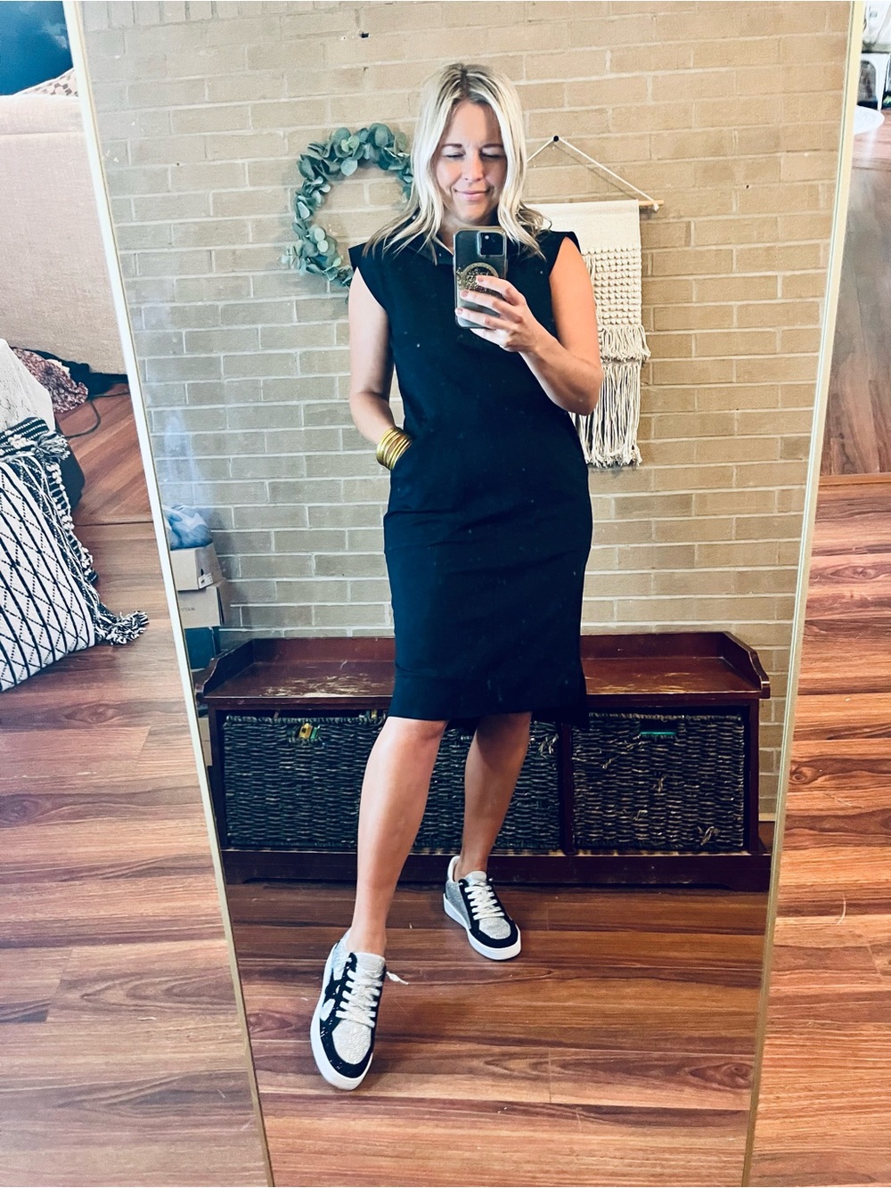 Black Sleeveless Midi Dress with Zip Front and Pockets